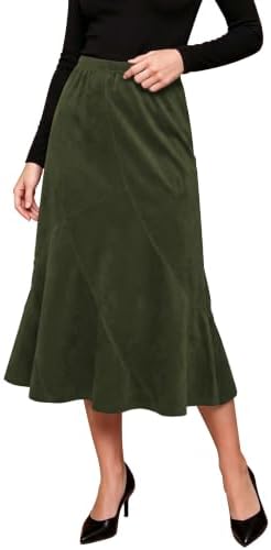 Midi Skirts for Women Faux Suede High Waisted A Line Skirt, Army Green