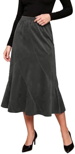 Midi Skirts for Women Faux Suede High Waisted A Line Skirt, Dark Grey