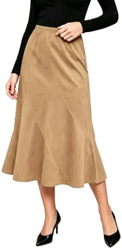 Midi Skirts for Women Faux Suede High Waisted A Line Skirt, Khaki