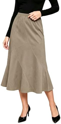 Midi Skirts for Women Faux Suede High Waisted A Line Skirt, Light Brown