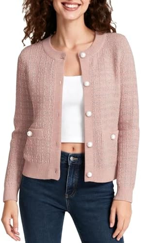 Open Front Button Down Knit Cropped Cardigan Casual Long Sleeve Sweater Jacket, Dusty Pink