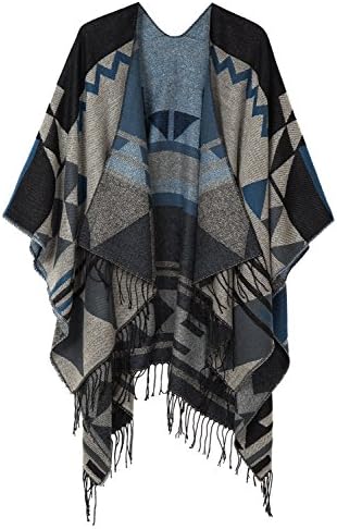 Open Front Poncho Shawl Wrap Western Printed Tassel, Black Series 2