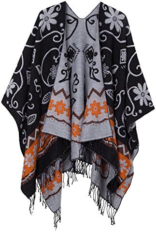 Open Front Poncho Shawl Wrap Western Printed Tassel, Black