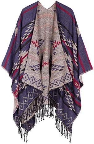 Open Front Poncho Shawl Wrap Western Printed Tassel, Navy Blue Series 3