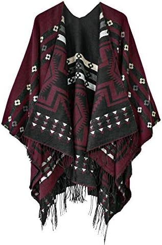 Open Front Poncho Shawl Wrap Western Printed Tassel, Series 1 Red