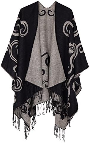 Open Front Poncho Shawl Wrap Western Printed Tassel, Series 10 Black