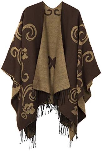 Open Front Poncho Shawl Wrap Western Printed Tassel, Series 10 Coffee
