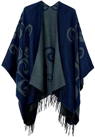 Open Front Poncho Shawl Wrap Western Printed Tassel, Series 10 Navy Blue