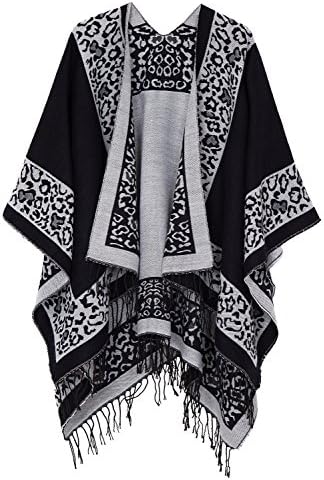 Open Front Poncho Shawl Wrap Western Printed Tassel, Series 11 Black