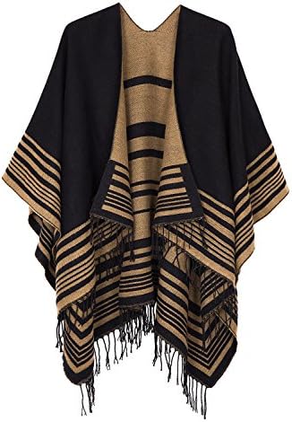 Open Front Poncho Shawl Wrap Western Printed Tassel, Series 12 Black