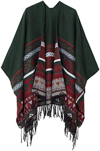 Open Front Poncho Shawl Wrap Western Printed Tassel, Series 14 Green