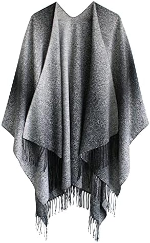Open Front Poncho Shawl Wrap Western Printed Tassel, Series 16 Grey