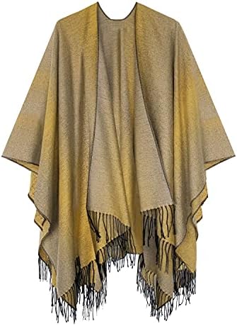 Open Front Poncho Shawl Wrap Western Printed Tassel, Series 16 Khaki