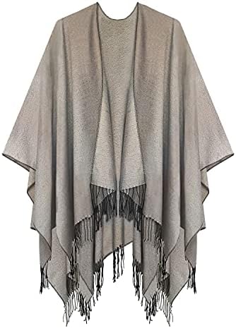 Open Front Poncho Shawl Wrap Western Printed Tassel, Series 16 Light Grey