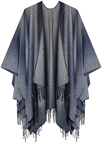 Open Front Poncho Shawl Wrap Western Printed Tassel, Series 16 Navy Blue