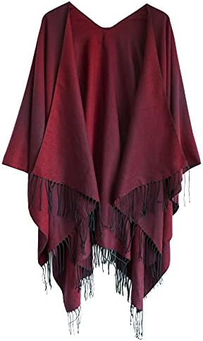 Open Front Poncho Shawl Wrap Western Printed Tassel, Series 16 Wine Red