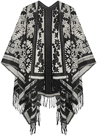 Open Front Poncho Shawl Wrap Western Printed Tassel, Series 18 Black