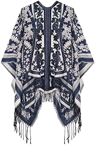 Open Front Poncho Shawl Wrap Western Printed Tassel, Series 18 Navy Blue