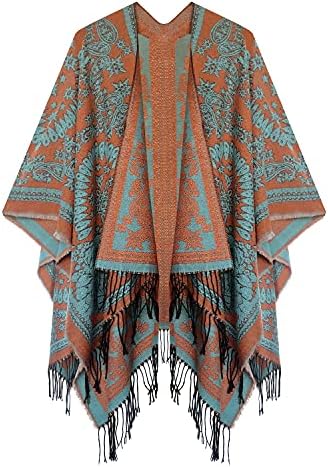 Open Front Poncho Shawl Wrap Western Printed Tassel, Series 18 Orange Pink
