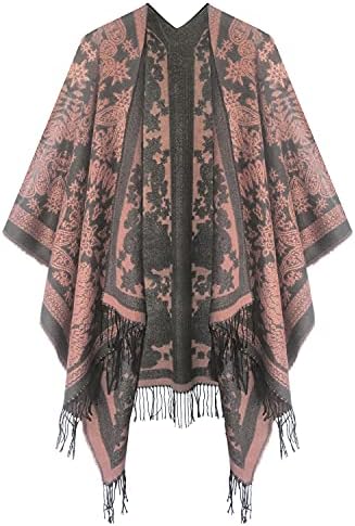 Open Front Poncho Shawl Wrap Western Printed Tassel, Series 18 Pink