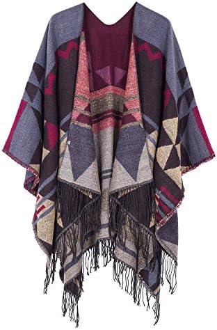 Open Front Poncho Shawl Wrap Western Printed Tassel, Series 2 Wine Red