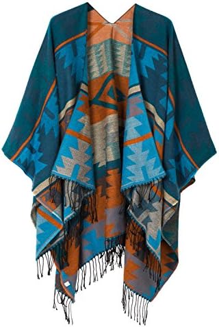 Open Front Poncho Shawl Wrap Western Printed Tassel, Series 4 Blue