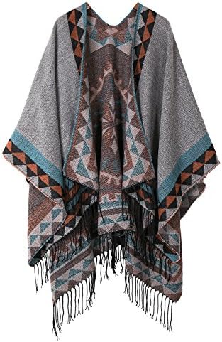 Open Front Poncho Shawl Wrap Western Printed Tassel, Series 5 Grey