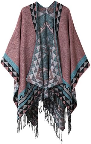 Open Front Poncho Shawl Wrap Western Printed Tassel, Series 5 Pink