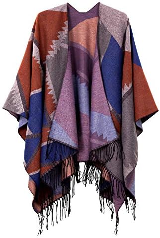 Open Front Poncho Shawl Wrap Western Printed Tassel, Series 7 Orange