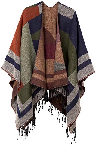 Open Front Poncho Shawl Wrap Western Printed Tassel, Series 8 Green