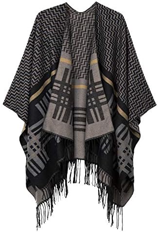 Open Front Poncho Shawl Wrap Western Printed Tassel, Series 9 Black