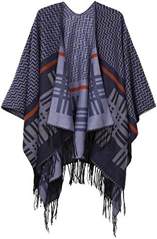 Open Front Poncho Shawl Wrap Western Printed Tassel, Series 9 Navy Blue