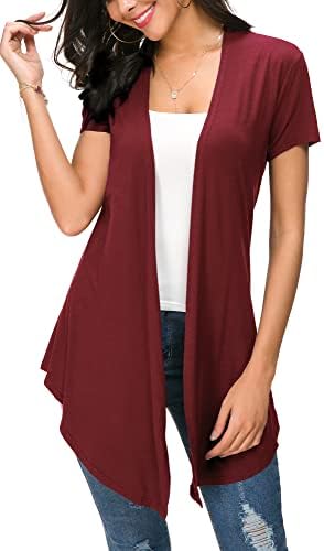 Open Front Short Sleeve Cardigans for Women Lightweight Summer Drape Cardigan Vest, Wine Red