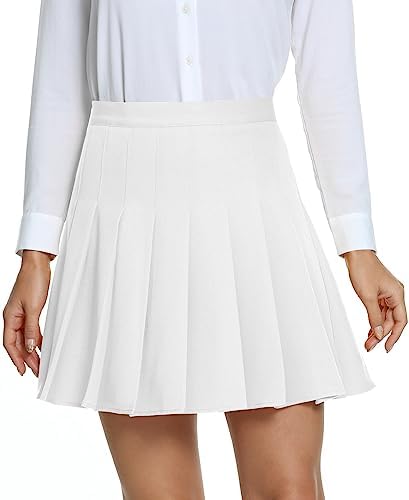 Pleated High Waist Solid School Uniform Skirt, White