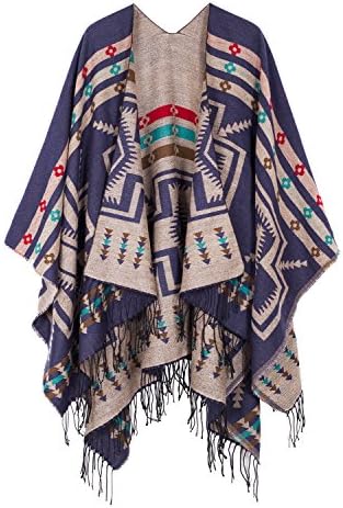 Printed Tassel Open front Poncho Cape Cardigan Wrap Shawl