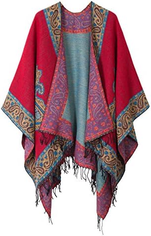 Printed Tassel Open Front Poncho Cape Cardigan Wrap Shawl, Red