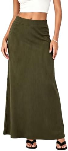 Ribbed Knit High Waist Maxi Skirt Comfy Long Skirt, Army Green