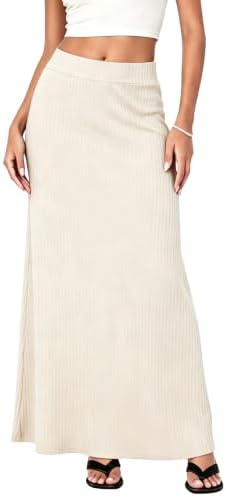 Ribbed Knit High Waist Maxi Skirt Comfy Long Skirt, Beige