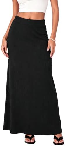 Ribbed Knit High Waist Maxi Skirt Comfy Long Skirt, Black