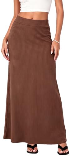 Ribbed Knit High Waist Maxi Skirt Comfy Long Skirt, Brown