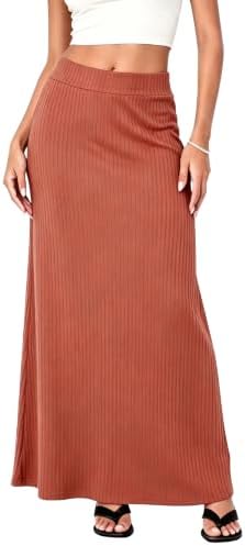 Ribbed Knit High Waist Maxi Skirt Comfy Long Skirt, Burnt Brick