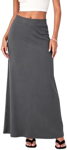 Ribbed Knit High Waist Maxi Skirt Comfy Long Skirt, Dark Grey