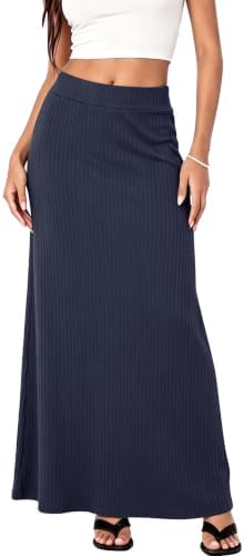 Ribbed Knit High Waist Maxi Skirt Comfy Long Skirt, Navy Blue