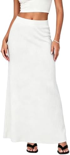 Ribbed Knit High Waist Maxi Skirt Comfy Long Skirt, White