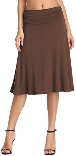 Ruched High Waist Knee Length Jersey A-Line Stretchy Flared Casual Skirt, Brown
