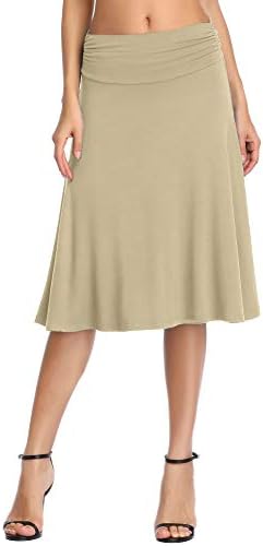 Ruched High Waist Knee Length Jersey A-Line Stretchy Flared Casual Skirt, Camel