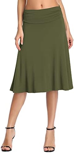 Ruched High Waist Knee Length Jersey A-Line Stretchy Flared Casual Skirt, Green