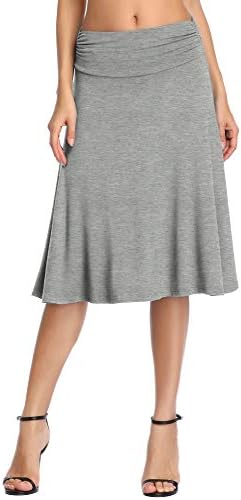 Ruched High Waist Knee Length Jersey A-Line Stretchy Flared Casual Skirt, Heather Grey