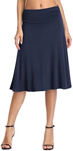 Ruched High Waist Knee Length Jersey A-Line Stretchy Flared Casual Skirt, Navy Blue