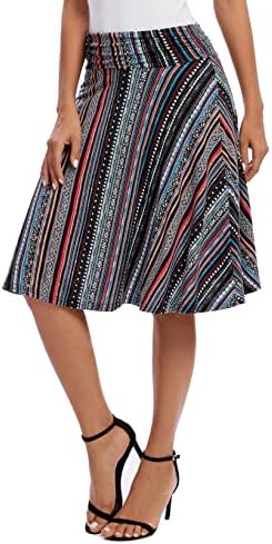 Ruched High Waist Knee Length Jersey A-Line Stretchy Flared Casual Skirt, Print #12